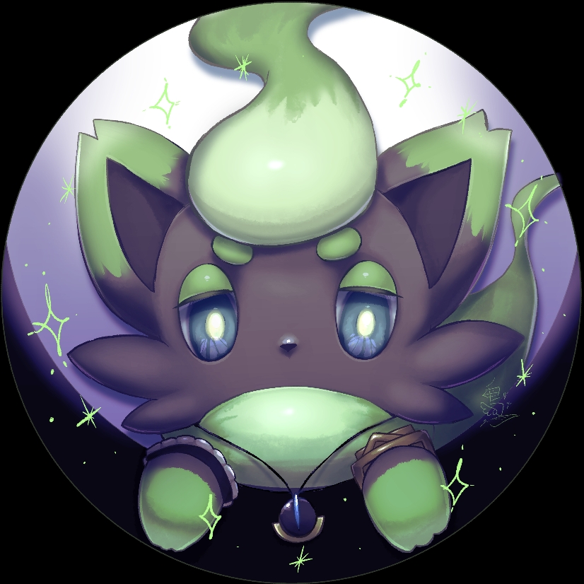 alternate_color alternate_shiny_pokemon animal_focus animalization blue_eyes bracelet gen_5_pokemon green_hair green_pupils half-closed_eyes jewelry looking_at_viewer n_(pokemon) neck_fur necklace nintendo no_humans pokemon pokemon_(creature) pokemon_bw round_image s_(esumi_kihomaru) short_hair signature single_wrist_cuff solo sparkle straight-on wrist_cuffs zorua