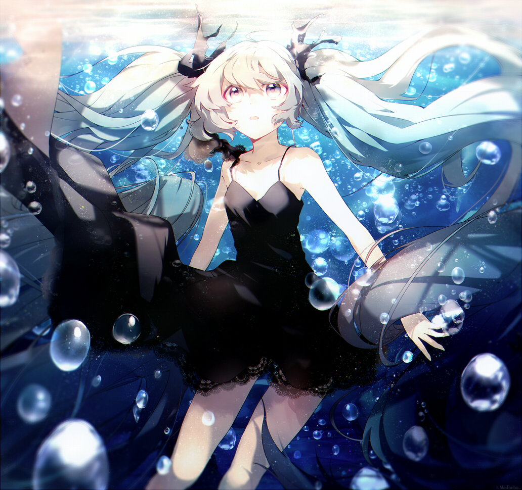 1girl aka_tonbo_(lililil) black_dress bubble dress female_focus floating_hair hatsune_miku long_hair shinkai_shoujo_(vocaloid) solo submerged twintails underwater very_long_hair vocaloid