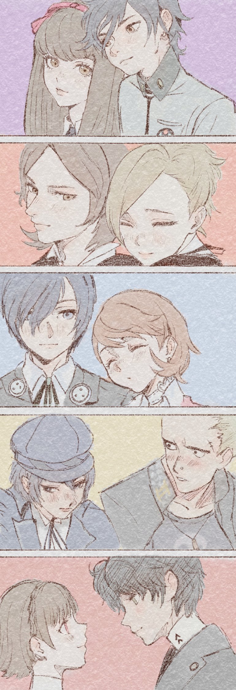5boys 5girls amamiya_ren black_hair blonde_hair blue_eyes blue_hair blue_hat blue_jacket blunt_bangs blush braid brown_eyes brown_hair choker closed_eyes closed_mouth collared_shirt commentary couple crown_braid earphones_removed earrings english_commentary flipped_hair from_side gekkoukan_high_school_uniform hair_between_eyes hair_over_one_eye hat head_on_another&#039;s_shoulder heads_together heart heart_choker highres jacket jewelry lips lisa_silverman long_hair looking_at_another medium_hair multiple_boys multiple_girls necklace niijima_makoto nose_piercing open_clothes open_jacket parted_bangs persona persona_1 persona_2 persona_3 persona_4 persona_5 piercing profile red_eyes rindroguis scar scar_on_face scar_on_forehead school_uniform seven_sisters_high_school_uniform shirogane_naoto shirt short_hair shuujin_academy_school_uniform sleeping sonomura_maki st._hermelin_school_uniform stud_earrings suou_tatsuya takeba_yukari tatsumi_kanji toudou_naoya traditional_media turtleneck upper_body valentine white_choker white_shirt yasogami_school_uniform yuuki_makoto_(persona_3)