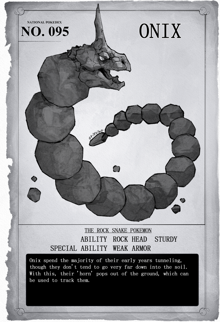animal_focus artist_name border character_name commentary english_commentary english_text full_body game_freak gen_1_pokemon grey_background greyscale highres monochrome nintendo no_humans onix open_mouth otiksimr paper pokedex_number pokemon pokemon_(creature) pokemon_ability snake solo torn_paper white_background white_border
