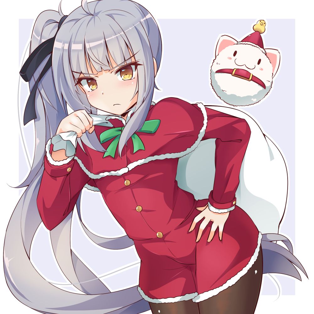 1girl black_pantyhose black_ribbon blush buttons capelet closed_mouth cowboy_shot grey_hair hair_ribbon holding holding_sack kantai_collection kasumi_(kancolle) long_hair pantyhose red_capelet ribbon sack santa_costume side_ponytail solo utouto yellow_eyes