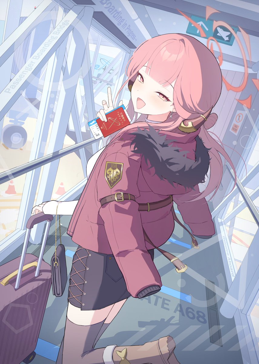 1girl airport aru_(blue_archive) belt black_shorts blue_archive blush boots bow breasts brown_boots brown_thighhighs earrings footwear_bow halo highres horns jacket jacket_on_shoulders jewelry long_hair long_sleeves looking_at_viewer open_mouth passport pink_eyes pink_hair pink_halo puffy_sleeves red_jacket shorts sign smile solo suitcase thighhighs traffic_cone yellow_bow zzingsa_(daxter123)