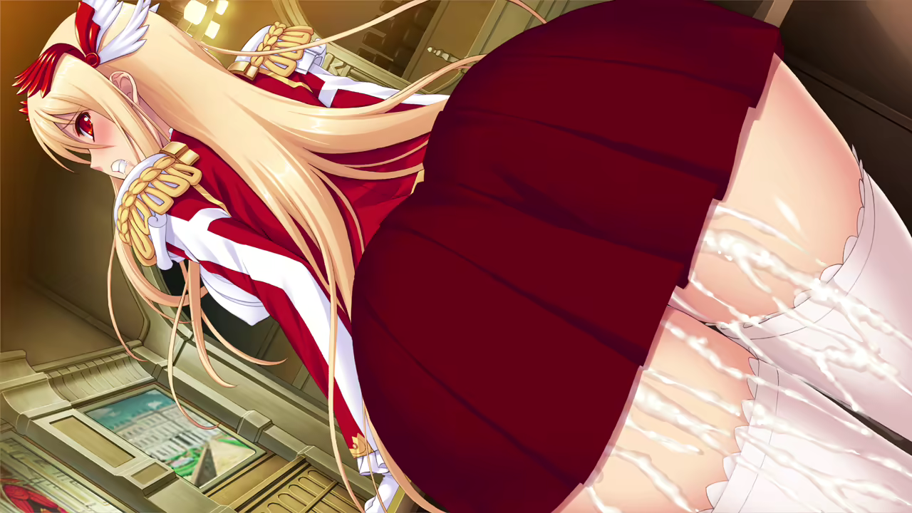 1girl ass ass_focus blonde_hair blush clenched_teeth cum cum_in_clothes cum_in_pussy cum_on_body cum_on_lower_body cumdrip embarrassed long_hair miniskirt monster_park monster_park_2 nise_okayu okiyumi_kase red_eyes red_skirt scarlet_lumberg skirt teeth thighhighs white_thighhighs