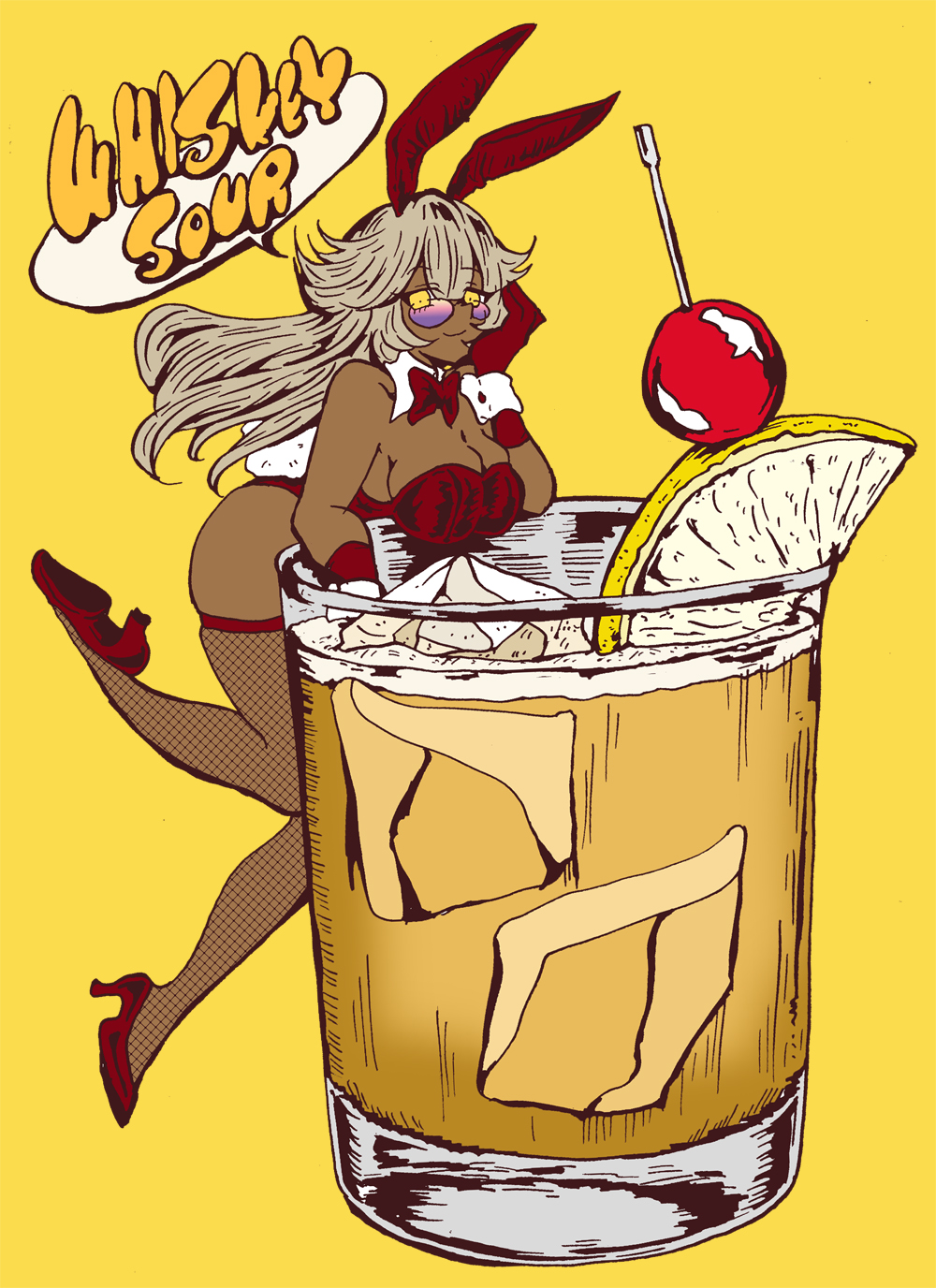 1girl alcohol animal_ear_hairband animal_ears bare_shoulders blush bow bowtie breasts cherry cleavage cup detached_collar drink drinking_glass fake_animal_ears fake_tail fishnet_thighhighs fishnets food fruit glass hairband high_heels highleg highleg_leotard highres ice ice_cube large_breasts lemon lemon_slice leotard liquor long_hair looking_at_viewer nanasemomoka original playboy_bunny rabbit_ear_hairband rabbit_ears rabbit_tail red_leotard shot_glass smile solo speech_bubble strapless strapless_leotard tail thighhighs tinted_eyewear traditional_bowtie whiskey whiskey_sour white_wrist_cuffs wrist_cuffs yellow_background yellow_eyes