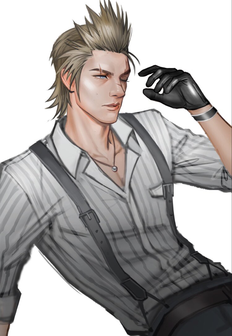 1boy arm_up belt black_belt black_gloves black_pants blind blonde_hair blue_eyes collarbone collared_shirt commentary cowboy_shot english_commentary final_fantasy final_fantasy_xv gloves ignis_scientia jewelry male_focus mistermagnolia necklace no_eyewear one_eye_closed open_collar pants parted_lips scar scar_across_eye scar_on_face shirt shirt_tucked_in simple_background sleeve_cuffs solo striped_clothes striped_shirt suspenders vertical-striped_clothes vertical-striped_shirt white_background wing_collar