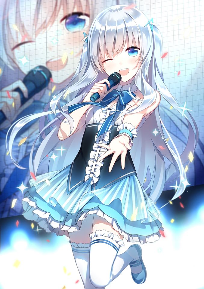 1girl blue_eyes blue_footwear borrowed_character dekatanaba kuuki_shoujo leg_ribbon microphone neck_ribbon official_art personification ribbon the_personification_of_atmosphere white_hair white_legwear