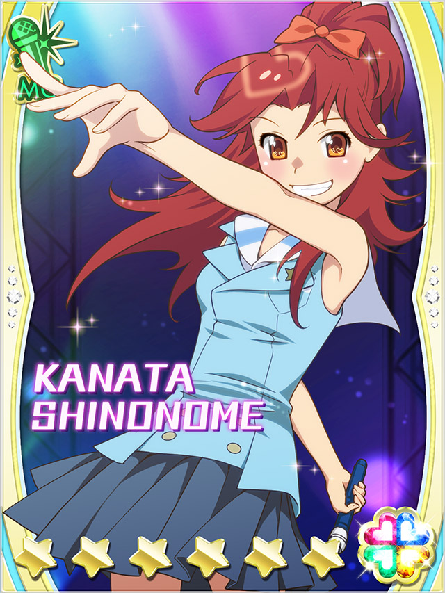 1girl akb0048 blue_shirt bow card_(medium) character_name concert cowboy_shot dutch_angle grey_skirt grin hair_bow heart high_ponytail holding holding_microphone long_hair looking_at_viewer microphone miniskirt music non-web_source official_art orange_bow orange_eyes outstretched_arms pleated_skirt ponytail shinonome_kanata shirt singing skirt sleeveless sleeveless_shirt smile solo sparkle stage_lights standing star_(symbol) teeth thighhighs white_thighhighs