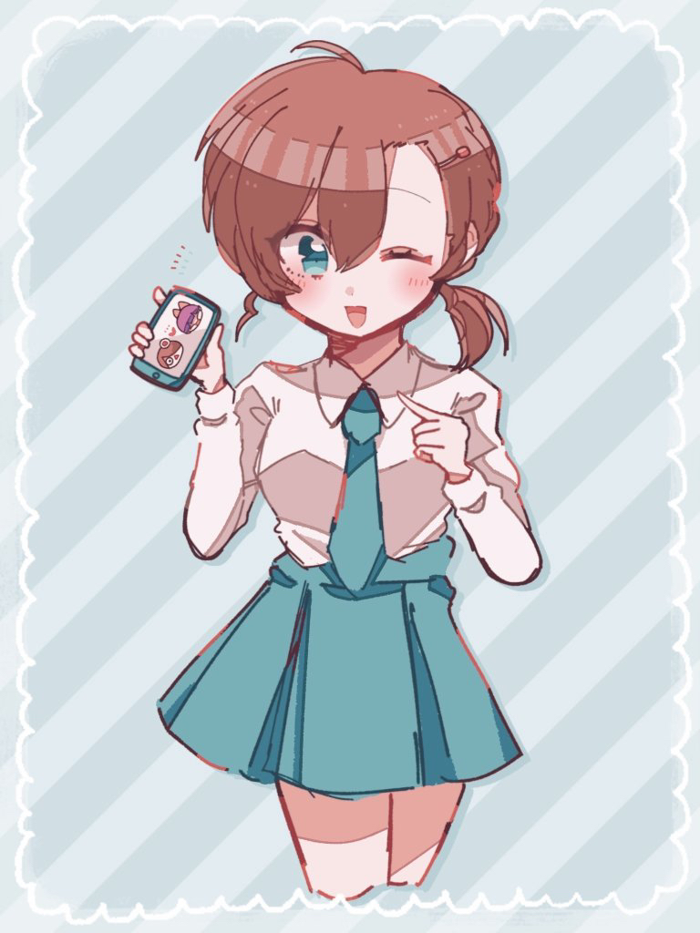 1girl apukoma blue_eyes blue_necktie blue_skirt brown_hair cellphone collared_shirt cropped_legs eyelashes gegege_no_kitarou holding holding_phone inuyama_mana kitarou long_sleeves medama_oyaji necktie nekomusume nekomusume_(gegege_no_kitarou_6) one_eye_closed open_mouth phone shirt skirt smartphone solo striped_background white_shirt