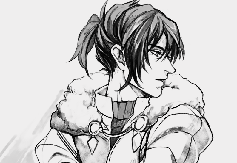 1boy armor black_shirt cape cape_clasp collared_shirt commentary english_commentary felix_hugo_fraldarius fire_emblem fire_emblem:_three_houses fur-trimmed_cape fur_trim greyscale hair_between_eyes half-closed_eyes layered_clothes leather_armor male_focus monochrome nintendo parted_lips ponytail profile ruebird shirt short_ponytail simple_background solo turtleneck upper_body white_background