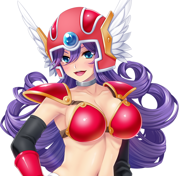1girl armor bikini bikini_armor bikini_top_only blue_eyes blush breasts choker cleavage dragon_quest dragon_quest_iii female_focus gloves hair_between_eyes happy helmet large_breasts light_blush long_hair looking_at_viewer navel open_mouth purple_hair shoulder_pads simple_background smile warrior_(dq3) solo tachi-e transparent_background upper_body wavy_hair youta