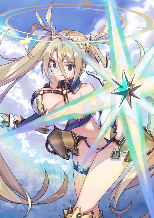 1girl armor bare_shoulders blonde_hair blue_bra blue_collar blue_eyes blue_panties blue_sleeves bra bradamante_(fate) bradamante_(third_ascension)_(fate) braid breasts cleavage closed_mouth collar criss-cross_halter crown_braid detached_collar detached_sleeves fate/grand_order fate_(series) feet_out_of_frame game_cg gloves gold_armor groin hair_between_eyes halo halterneck hand_up highleg highleg_panties hip_armor holding holding_polearm holding_shield holding_weapon large_breasts leaning_forward long_hair long_hair_between_eyes long_sleeves official_art outstretched_arm panties polearm saitou_masatsugu shield sidelocks skindentation smile solo thigh_strap third-party_source twintails two-tone_bra two-tone_panties underwear very_long_hair weapon white_bra white_gloves white_panties white_sleeves wing_collar