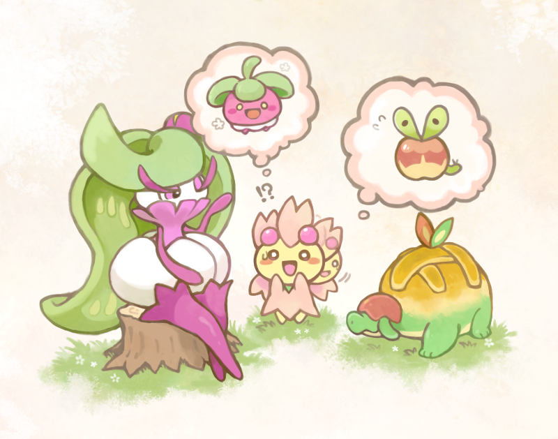 !? 1girl afterimage appletun applin blush_stickers bounsweet cherrim cherrim_(sunshine) eyelashes game_freak gen_4_pokemon gen_7_pokemon gen_8_pokemon grass konanbo looking_around nintendo open_mouth pokemon pokemon_(creature) sitting sitting_on_tree_stump speech_bubble thought_bubble tsareena