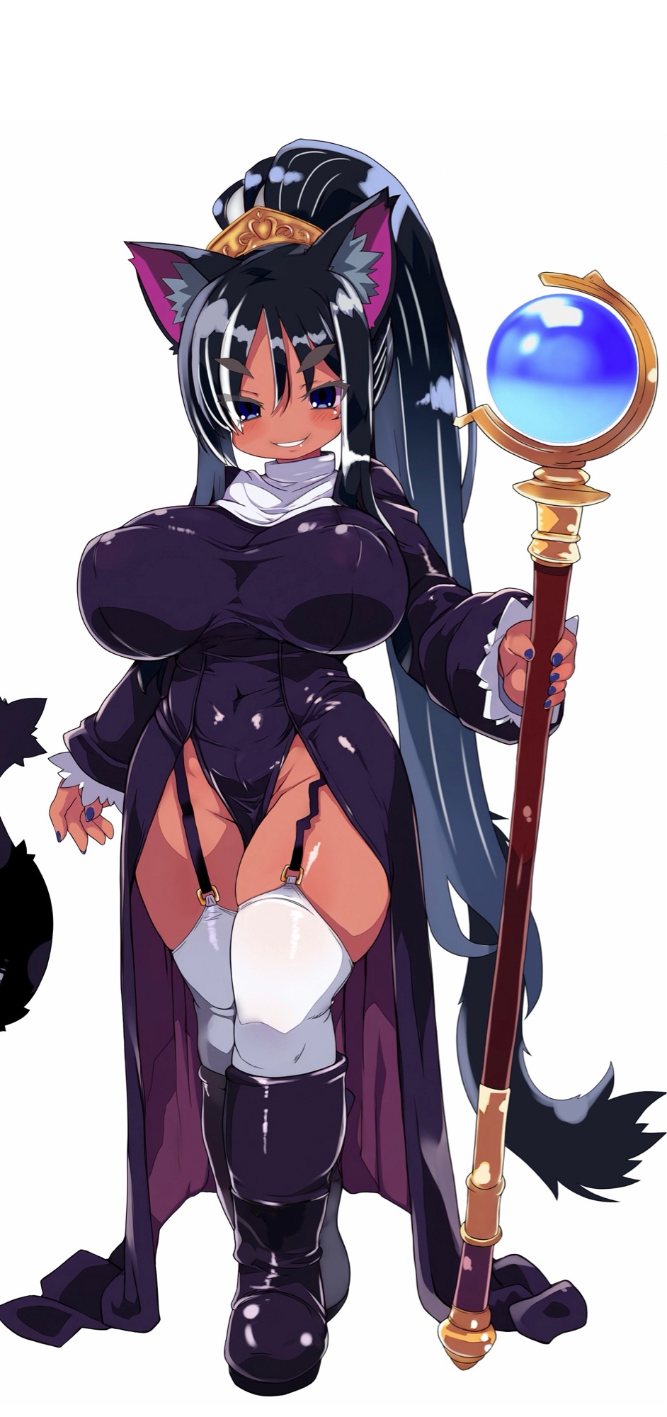 1girl animal_ear_fluff animal_ears black_hair blush boots breasts breasts_day capelet cat_ears cat_girl cat_tail covered_erect_nipples covered_navel dark-skinned_female dark_skin full_body garter_belt groin hair_between_eyes highres holding holding_staff huge_breasts large_breasts long_hair looking_at_viewer mage_staff nail_polish open_mouth original ponytail purple_boots purple_robe robe simple_background smile solo staff tail teeth thighhighs tiara tsukinoha_mio very_long_hair white_background white_capelet white_thighhighs