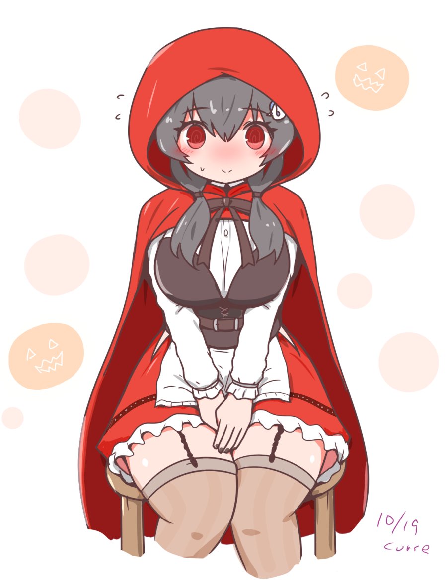 breasts capelet cloak collared_shirt cosplay curse_(023) dress_shirt garter_straps hood hooded_capelet hooded_cloak jingei_(halloween)_(kancolle) jingei_(kancolle) kantai_collection large_breasts little_red_riding_hood_(fairy_tale) little_red_riding_hood_(fairy_tale_character)_(cosplay) little_red_riding_hood_(fairy_tale_character) red_capelet red_cloak red_hood red_skirt shirt sitting skirt stool white_background white_shirt