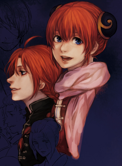 1boy 1girl ahoge blue_eyes brother_and_sister bun_cover chinese_clothes double_bun gintama kagura_(gintama) kamui_(gintama) open_mouth red_hair siblings smile tatsuko_(chenzi) unfinished
