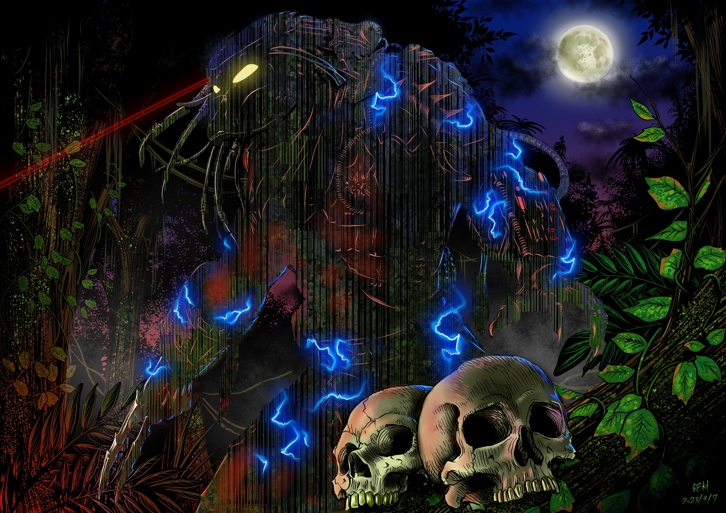 1boy alien arm_blade armor dreadlocks fishnets gauntlets helmet highres laser laser_pointer_projection laser_sight long_hair mandibles mask muscular pauldrons plasma_caster predator_(character) predator_(series) shoulder_armor shoulder_cannon skull thigh_armor weapon wrist_blades wswc8755