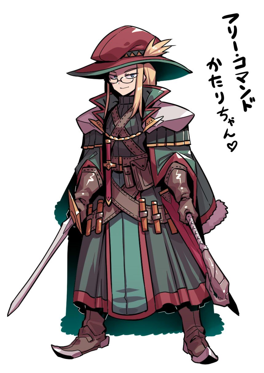 1girl alternate_costume armor arms_at_sides axe belt belt_pouch blonde_hair brown_footwear brown_gloves cloak closed_mouth collar_chain_(jewelry) commentary_request dagger dress dual_wielding full_body glasses gloves green_cloak green_dress hair_through_headwear half-closed_eyes hat high_collar highres holding holding_axe holding_sword holding_weapon indie_virtual_youtuber knife looking_at_viewer multiple_belts nejimaki_katari open_cloak open_clothes pauldrons pointy_footwear pouch red_hat sheath sheathed shoulder_armor simple_background smile solo standing steel-toe_boots sword tukiwani weapon white_background wide_brim