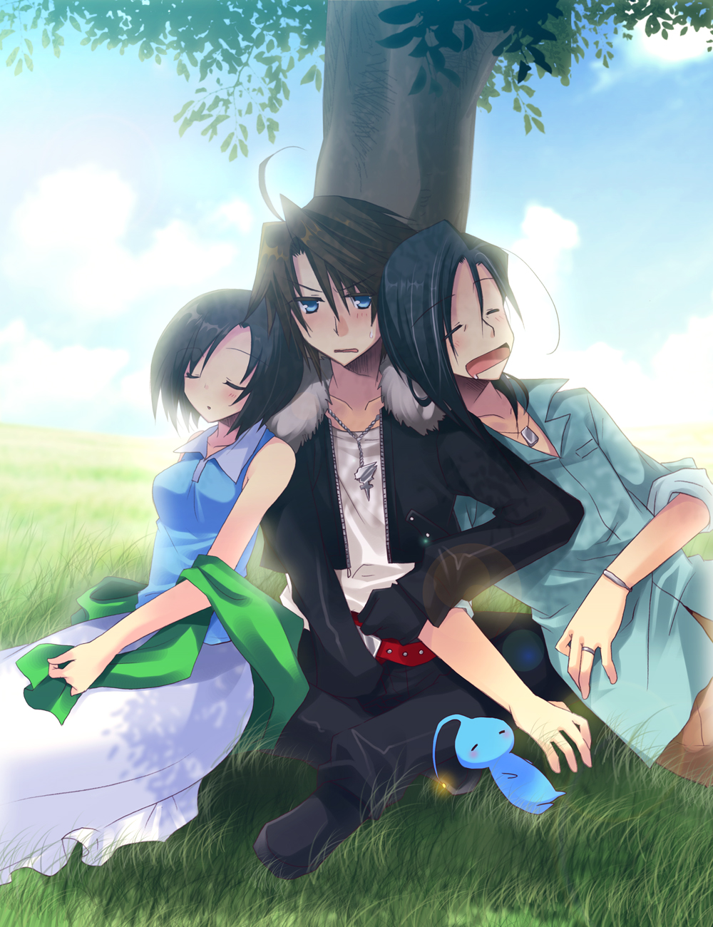 1990s_(style) 1girl 2boys belt black_hair blue_eyes brown_hair day ellone closed_eyes father_and_son final_fantasy final_fantasy_viii gloves highres izumi_makoto laguna_loire multiple_boys pupu_(ff8) short_hair sky sleeping spoilers squall_leonhart tree