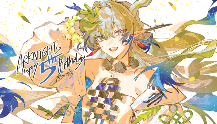 1girl :d anniversary arknights arm_up armpits blue_eyes blue_hair blue_horns colored_extremities commentary confetti cropped_jacket dragon_girl earrings eastern_dragon_horns english_commentary eyeliner floating_hair gradient_hair green_hair grey_hair grey_horns hair_between_eyes hair_intakes hair_ornament hair_stick hand_on_another&#039;s_head happy_birthday horns jacket jewelry long_hair long_sleeves looking_at_viewer magnolia29 makeup multicolored_hair multicolored_horns off_shoulder ofuda_earrings open_clothes open_jacket open_mouth pointy_ears red_eyeliner red_pupils shu_(arknights) signature simple_background smile solo strapless teeth tsurime tube_top upper_body upper_teeth_only white_background white_jacket white_tube_top