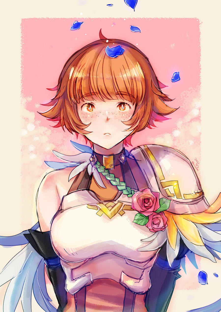 1girl armor black_gloves blue_petals border breastplate breasts bright_pupils brown_eyes brown_hair closed_mouth commentary_request dated dorothy_(fire_emblem) falling_petals feathers fire_emblem fire_emblem:_the_binding_blade flipped_hair flipped_sidelocks flower freckles gloves grey_border highres medium_breasts nintendo petals pink_background pink_flower pink_rose rose shirt short_hair shoulder_armor signature single_bare_shoulder sleeveless sleeveless_shirt solo straight-on swept_bangs upper_body urihara84