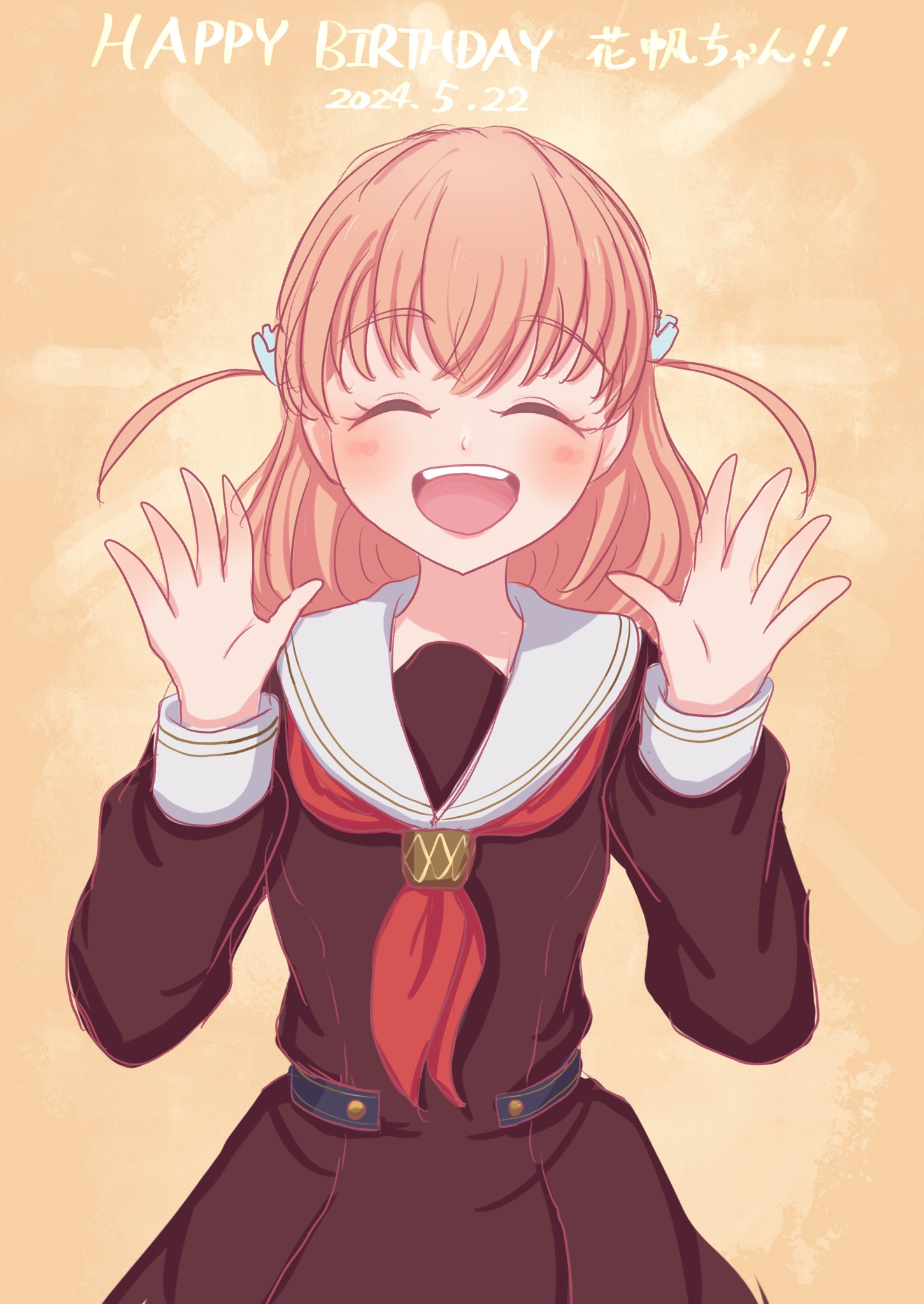 1girl ^_^ blush brown_dress character_name closed_eyes commentary_request cowboy_shot crossed_bangs dated dress glowing_lines hair_ornament hands_up happy_birthday hasu_no_sora_school_uniform highres hinoshita_kaho link!_like!_love_live! long_sleeves love_live! medium_hair neckerchief open_hands open_mouth orange_background orange_hair rabbit_hair_ornament red_neckerchief sailor_collar sailor_dress school_uniform seiha_(hnumkt) smile solo teeth two_side_up upper_teeth_only virtual_youtuber white_sailor_collar winter_uniform