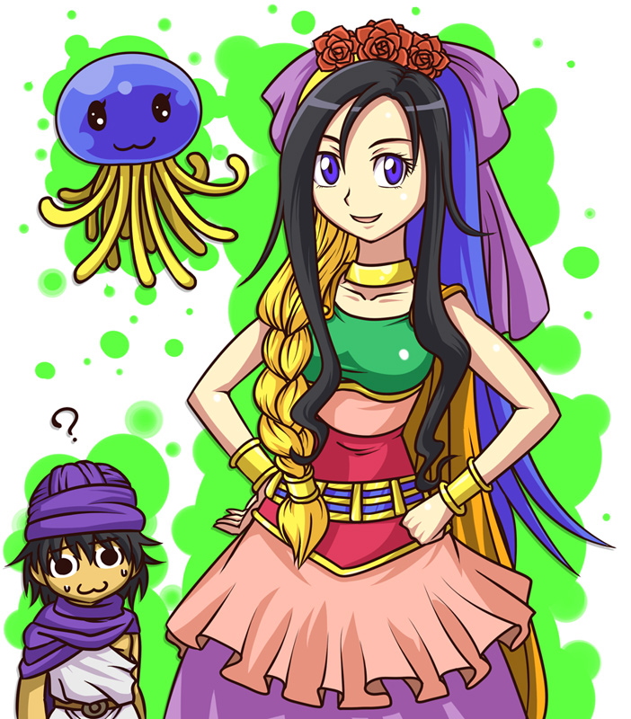 1boy 1girl :3 ? bianca_(dq5) blue_eyes braid chimera chimerism confused deborah_(dq5) dragon_quest dragon_quest_v flora_(dq5) flower fusion hair_flower hair_ornament hair_over_shoulder hair_ribbon healslime hero_(dq5) multicolored_hair ribbon rose single_braid tonda