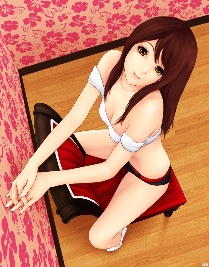 1girl bare_shoulders breasts brown_eyes brown_hair chair cleavage crop_top female_focus from_above khalitzburg_(user_2274420) looking_at_viewer md5_mismatch medium_breasts midriff off_shoulder original short_shorts shorts signature sitting solo wall wooden_floor yellow_eyes