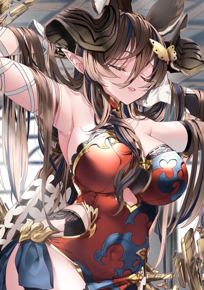 1girl 218 animal_ears armpits arms_behind_head asymmetrical_gloves bare_shoulders breasts brown_hair brown_horns butterfly_hair_ornament closed_eyes cosplay covered_navel dress extra_ears galleon_(granblue_fantasy) gloves granblue_fantasy hair_between_eyes hair_ornament horns lace lace-trimmed_dress lace_trim large_breasts lingerie long_hair multicolored_hair narmaya_(granblue_fantasy) narmaya_(granblue_fantasy)_(cosplay) narmaya_(grand)_(granblue_fantasy) pointy_ears smile solo streaked_hair underwear very_long_hair white_gloves