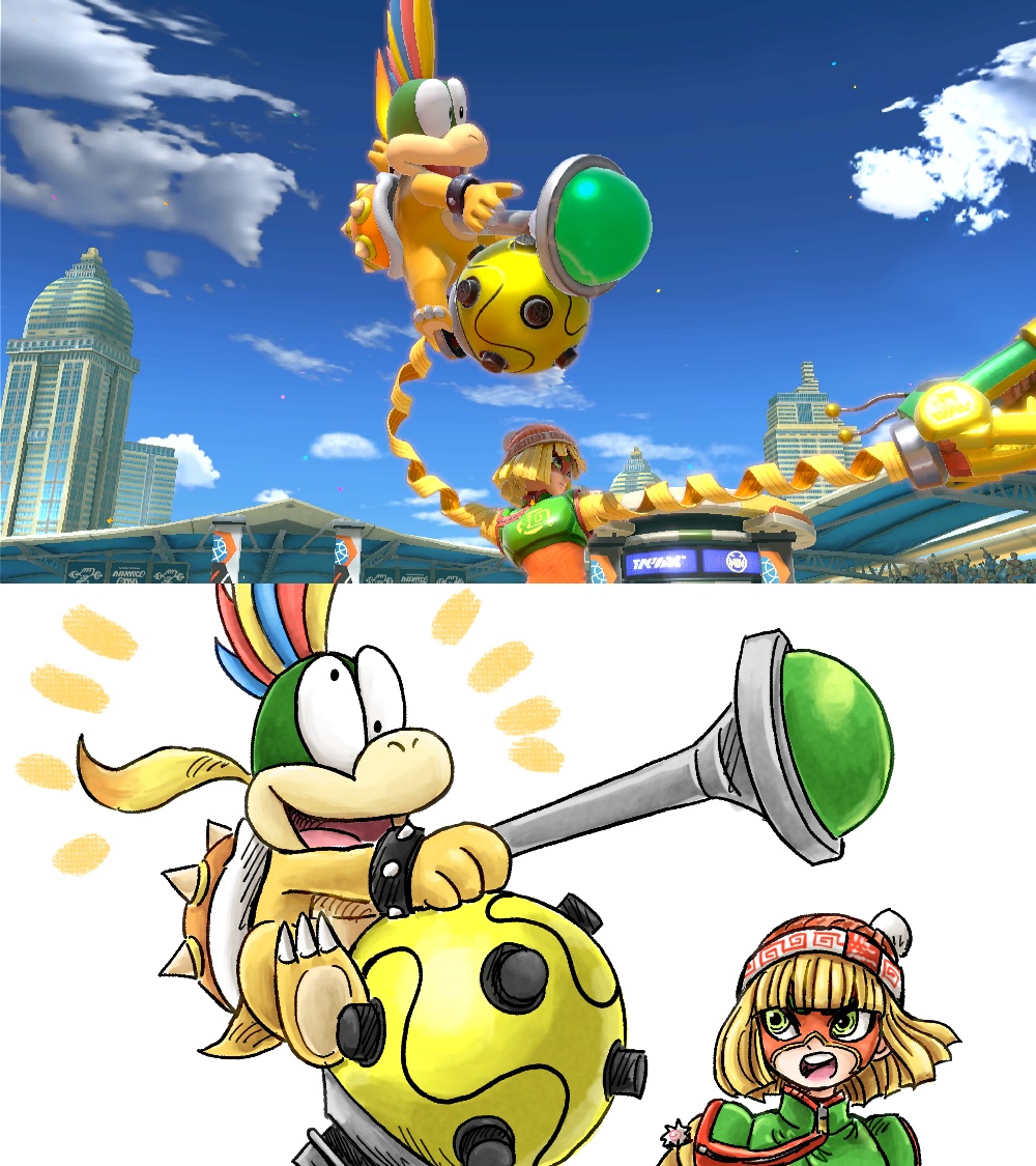 1girl arms_(game) beanie blonde_hair domino_mask game_screenshot_inset green_eyes hat kicdon lemmy_koopa mario_(series) mask megawatt_(arms) min_min_(arms) nintendo open_mouth reference_inset scepter short_hair super_smash_bros.