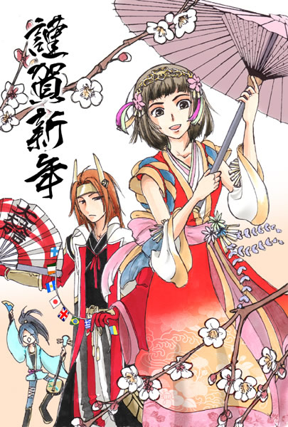 1girl 2boys bad_id bad_pixiv_id cherry_blossoms chousokabe_motochika_(sengoku_musou) hand_fan folding_fan horns instrument ishida_mitsunari ishida_mitsunari_(sengoku_musou) lute_(instrument) mitsunari_ishida multiple_boys okuni parasol sengoku_musou sengoku_musou_2 umbrella