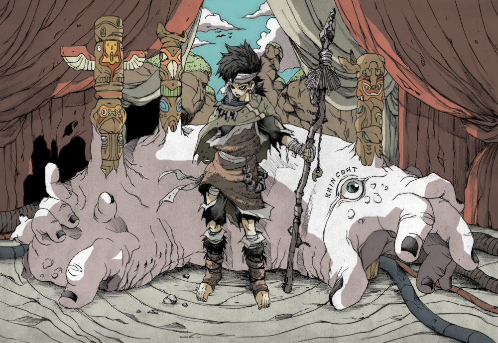 1boy bandana black_hair cape coat curtains fur_coat headband makkamu male_focus monster original ponytail short_ponytail staff totem