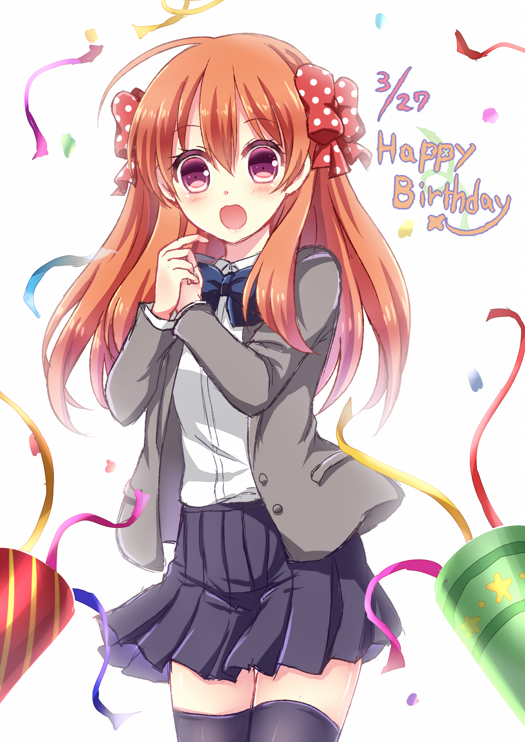 1girl black_skirt black_thighhighs blazer blue_neckwear blue_ribbon blush bow cowboy_shot dress_shirt floating_hair gekkan_shoujo_nozaki-kun hair_between_eyes hair_bow happy_birthday highres jacket long_hair long_sleeves looking_at_viewer miniskirt nishijou_myu open_clothes open_jacket open_mouth orange_hair pink_ribbon pleated_skirt polka_dot polka_dot_bow red_bow red_eyes red_ribbon ribbon rouman_academy_school_uniform sakura_chiyo school_uniform shirt sketch skirt solo standing thighhighs very_long_hair white_background white_shirt yellow_ribbon zettai_ryouiki