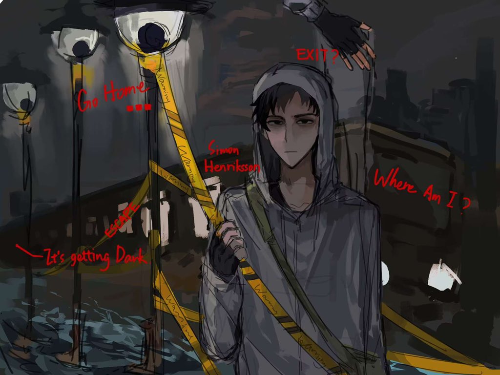 1boy :| bag bags_under_eyes black_gloves black_hair building caution_tape cityscape closed_mouth cry_of_fear english_text fingerless_gloves gloves grey_hoodie holding_tape hood hood_up hoodie kerwind1200 lamppost looking_at_viewer male_focus multiple_views narration short_hair shoulder_bag simon_henriksson solo