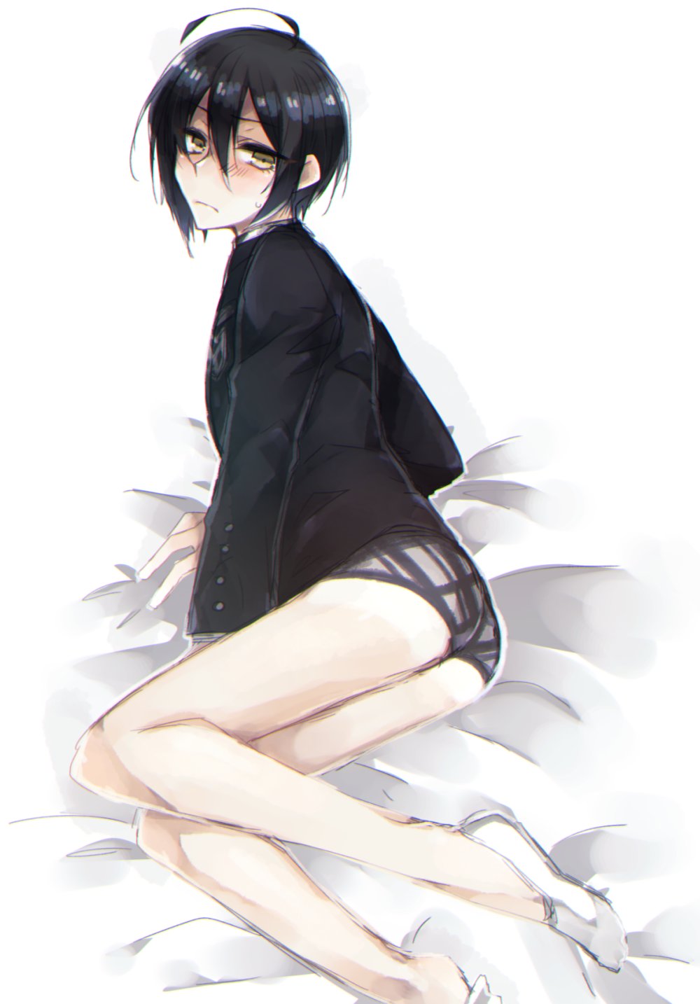 1boy ahoge ass bed_sheet black_hair black_jacket black_male_underwear blush brown_eyes commentary_request danganronpa_(series) danganronpa_v3:_killing_harmony from_side full_body grey_male_underwear highres jacket long_sleeves looking_at_viewer lying male_focus male_underwear multicolored_male_underwear no_pants on_side saihara_shuichi shoes short_hair solo sumika_(rrz03) underwear white_shoes