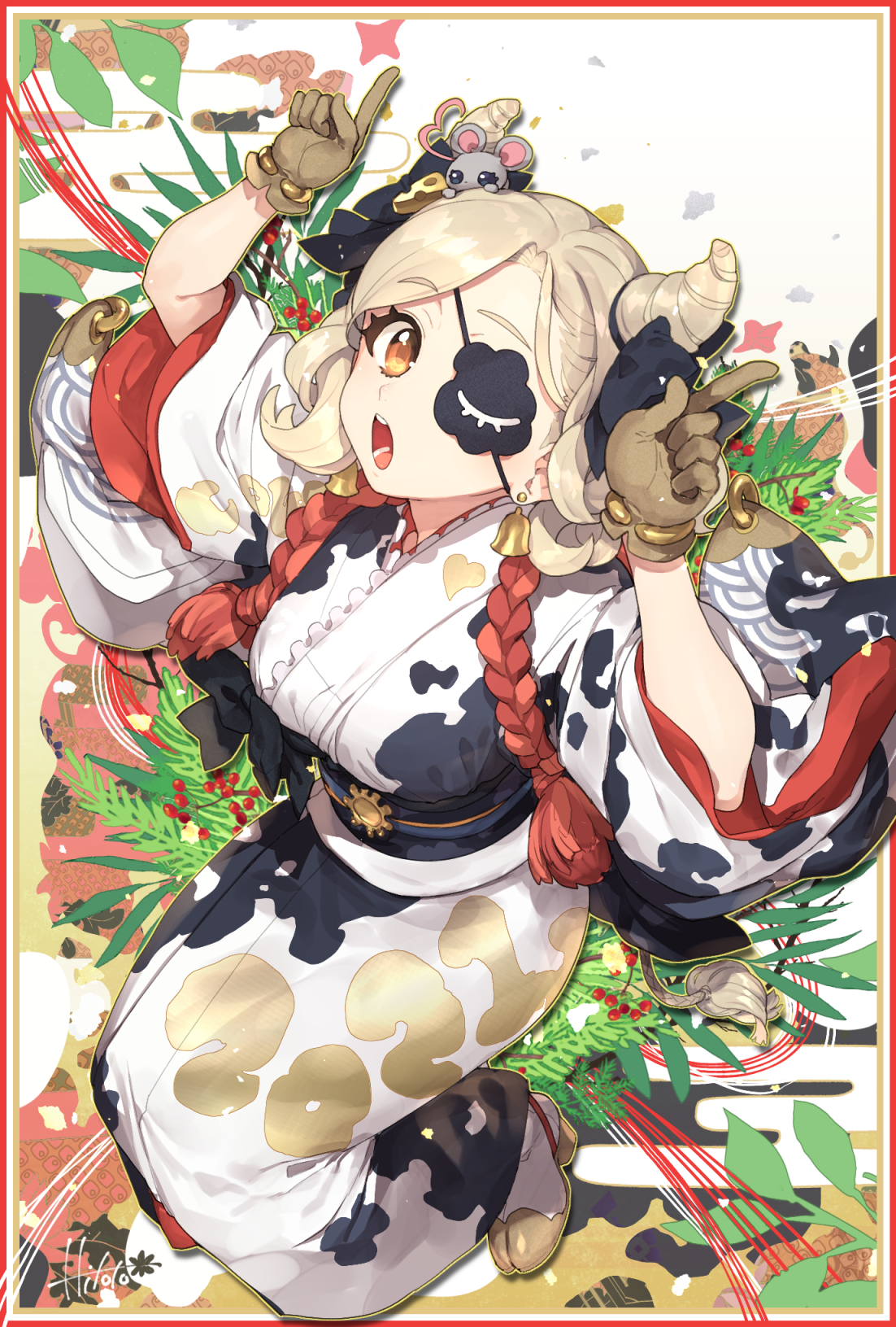 1girl blonde_hair braid breasts brown_gloves commentary_request eyepatch full_body gloves hands_up highres hitoto index_fingers_raised japanese_clothes kimono large_breasts long_hair long_sleeves looking_at_viewer mouse_(animal) multicolored_hair nengajou new_year obi open_mouth original print_kimono red_hair sash solo textless_version thick_eyebrows twin_braids two-tone_hair white_kimono wide_sleeves yellow_eyes