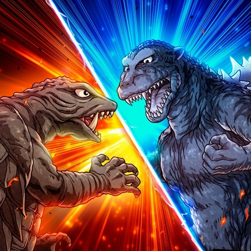 artist_request blue_background claws crossover daiei_motion_picture dinosaur ears embers gamera gamera_(series) gamera_vs._gyaos giant giant_monster glowing glowing_spikes godzilla godzilla_(1954) godzilla_(series) godzilla_battle_line kadokawa kaiju now_production official_art open_mouth red_background sea_monster sharp_teeth spikes teeth toho toho_games tongue turtle tusks two-tone_background