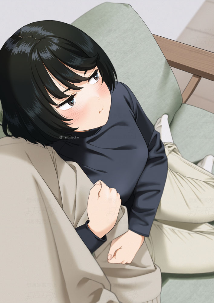1girl black_hair black_sweater blush breasts brown_eyes brown_pants brown_sweater commentary couch leaning_on_person locked_arms looking_to_the_side mattaku_mousuke medium_breasts original out_of_frame pants pout short_hair sitting socks sweater twitter_username white_socks yokozuwari