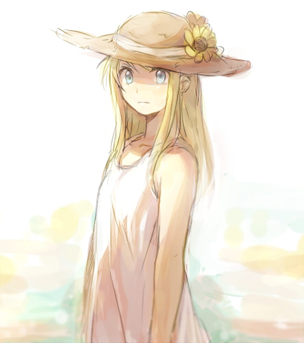 1girl arms_at_sides bare_arms bare_shoulders blonde_hair blue_background blue_eyes dress expressionless female_focus flat_chest flower fullmetal_alchemist gradient_background hair_flower hair_ornament hat long_hair looking_away lowres orange_background pink_background riru shaded_face simple_background sleeveless sleeveless_dress solo standing straw_hat sunflower upper_body white_background white_dress winry_rockbell yellow_flower