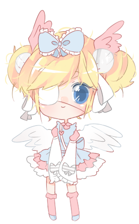 1girl angel_wings blonde_hair blue_bow blue_dress blue_eyes blue_shoes blush bow chibi closed_mouth collared_dress commentary cutesu_(cutesuu) double_bun dress english_commentary eyelashes eyepatch frilled_bow frilled_dress frilled_sleeves frilled_socks frills grey_bow hair_bow hair_bun hair_ornament hair_ribbon happy head_wings kneehighs layered_dress layered_sleeves long_sleeves lowres medical_eyepatch original pink_dress pink_socks pom_pom_(clothes) pom_pom_hair_ornament prince-booty puffy_short_sleeves puffy_sleeves ribbon shoes short_dress short_hair short_over_long_sleeves short_sleeves sleeve_bow sleeves_past_fingers sleeves_past_wrists smile socks solo standing striped_bow tareme transparent_background two-tone_bow updo white_bow white_ribbon white_sleeves white_wings wings