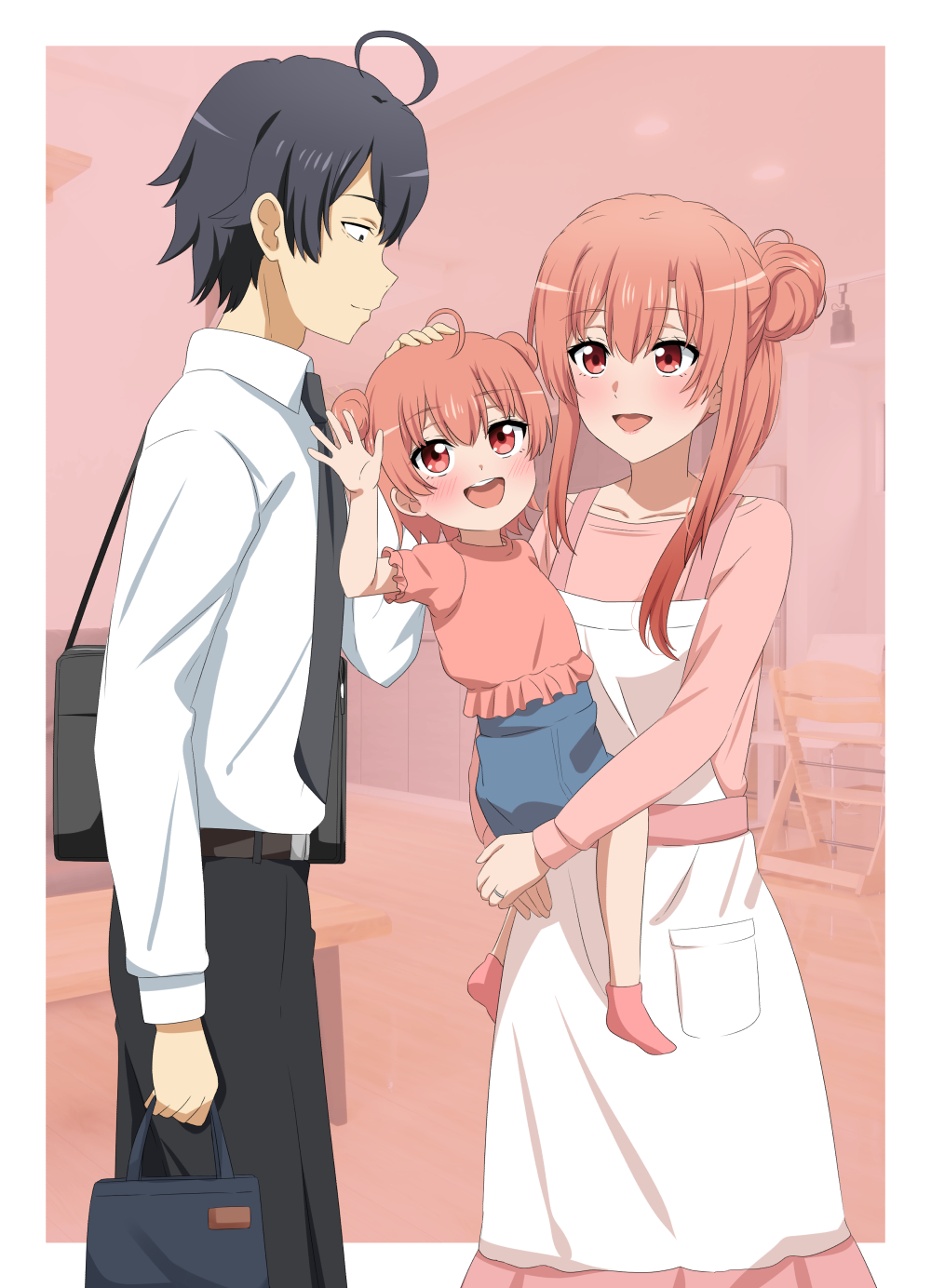 1boy ahoge apron black_hair blush breasts dars_(recolors) family father_and_child hair_bun hetero highres hikigaya_hachiman if_they_mated long_hair male_focus mother_and_child multiple_girls open_mouth pants pink_hair red_eyes shirt short_hair single_hair_bun single_side_bun skirt smile white_shirt yahari_ore_no_seishun_lovecome_wa_machigatteiru. yuigahama_yui