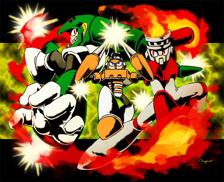 arm_cannon armor arms_up blue_eyes capcom powering_up electricity fire fire_man full_body grin helmet looking_at_viewer mega_man_(classic) mega_man_(series) mega_man_3 no_humans non-humanoid_robot red_eyes robot robot_ears rockman_(game) smile snake_man spark_man sparks weapon