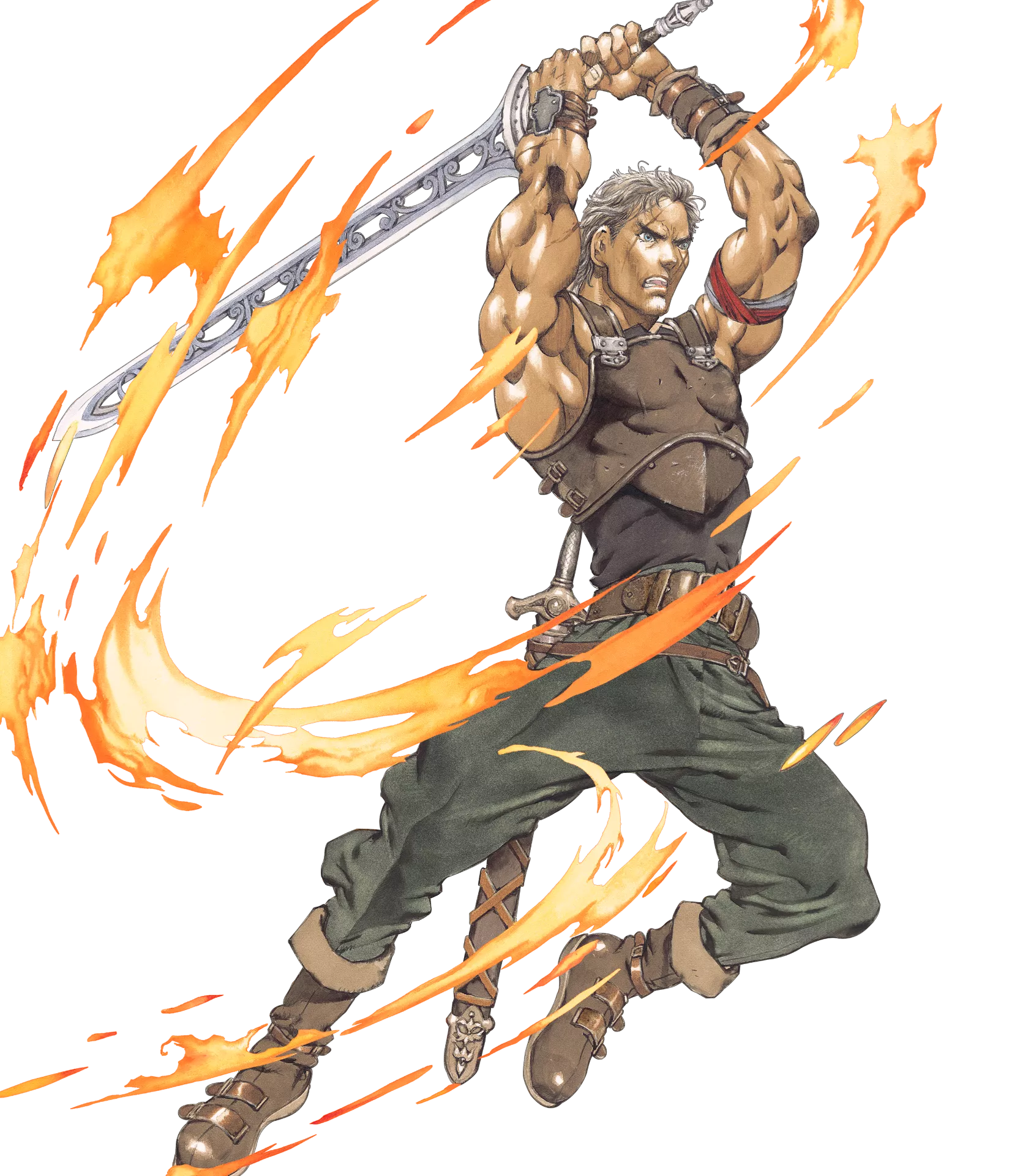 1boy biceps blonde_hair boots cross_scar fire_emblem fire_emblem:_new_mystery_of_the_emblem fire_emblem:_shadow_dragon full_body green_pants highres holding holding_sword holding_weapon male_focus mature_male muscular muscular_male nintendo official_art ogma_(fire_emblem) pants scar scar_across_eye scar_on_face sword third-party_source weapon yamada_akihiro