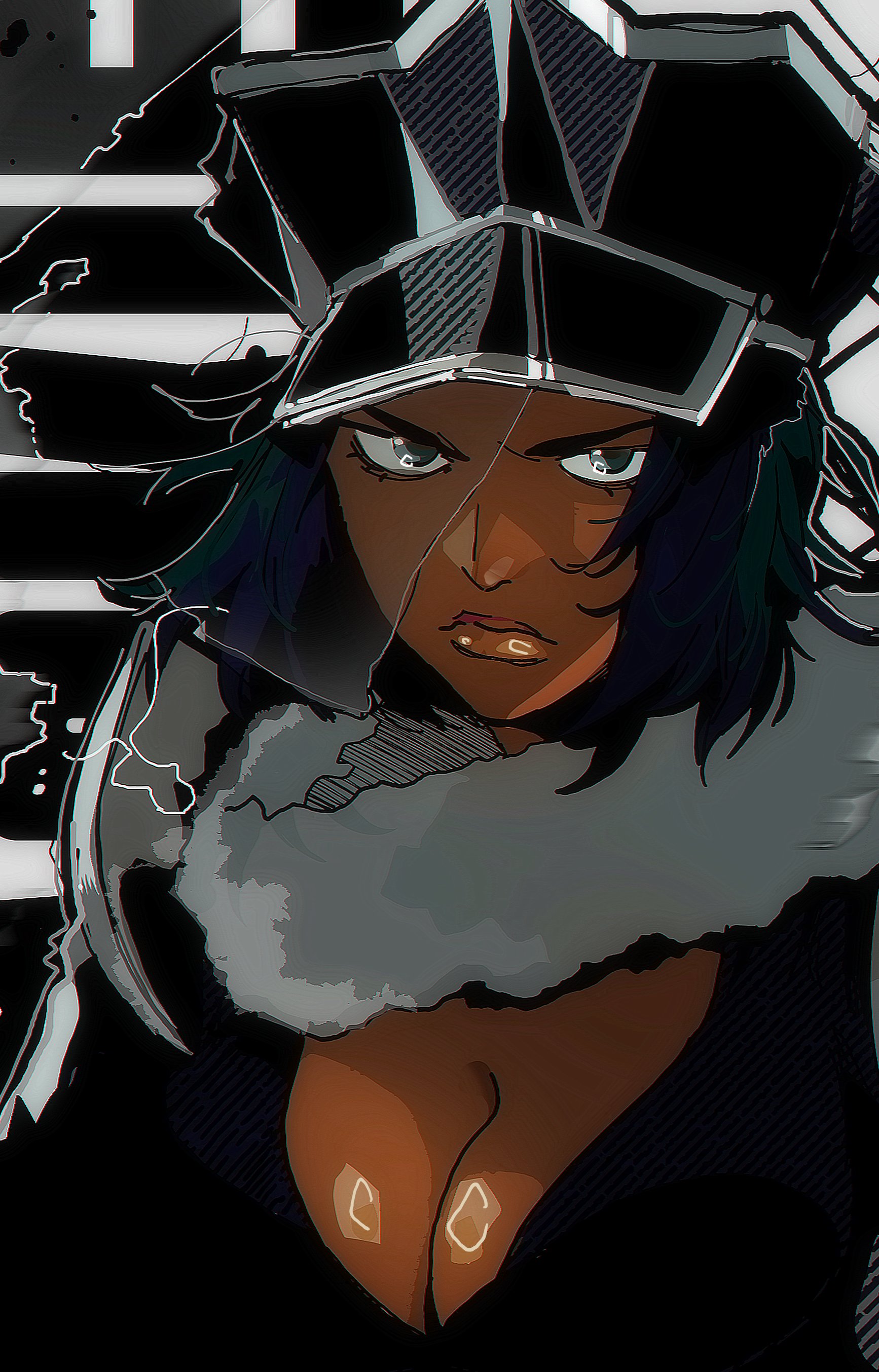 1girl absurdres angry bleach breasts cleavage closed_mouth dark-skinned_female dark_skin eyelashes fur_collar green_eyes green_hair hat highres isaacchief300 jackie_tristan large_breasts lips low_neckline medium_hair military_hat monochrome_background official_alternate_costume paint_splatter peaked_cap shadow solo unmoving_pattern v-shaped_eyebrows veil very_dark_skin