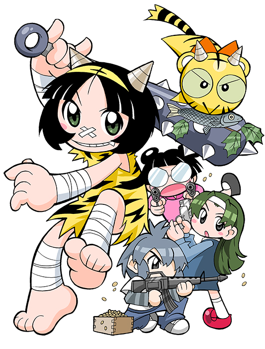 4girls \m/ animal_print aqua_sleeve_cuffs aqua_sleeves baby_animal bandage_on_nose bandaged_arm bandaged_leg bandages barefoot beans black_hair black_outline black_tail blue_pants blue_sky blue_suit blunt_bangs blunt_ends bow branch bright_pupils character_request child closed_mouth club club_(weapon) collar collared_shirt colored_sclera cub curtained_hair double_bun dress dual_wielding fish formal_clothes full_body green_eyes green_hair green_sclera grey_eyes grey_footwear grey_hair grey_sleeves grin gun hair_bun headband holding holding_club holding_gun holding_weapon horizontal-striped_sleeves kanabou layered_sleeves long_hair long_sleeves looking_at_viewer mamemaki masu mukku_(mook-tv) multiple_girls official_art oni_costume open_mouth orange_bow outline pants pencil_skirt pink_collar pink_shirt pink_sleeves print_dress red_footwear ribbon_kotora rimless_eyewear round_eyewear second-party_source setsubun shirt shoes short_hair short_over_long_sleeves short_sleeves sidelocks simple_background skirt skirt_suit sky sleeveless sleeveless_dress small_pupils smile sneakers soybean spiked_club straight_hair striped_clothes striped_dress striped_fur striped_sleeves striped_tail suit tail teeth tiger tiger_cub tiger_print toes tora_da_yo. torami_(toranoana) toranoana v-shaped_eyebrows very_short_hair weapon weapon_request white_background white_headband white_outline white_pupils white_shirt white_sleeves yellow_dress yellow_fur yellow_tail