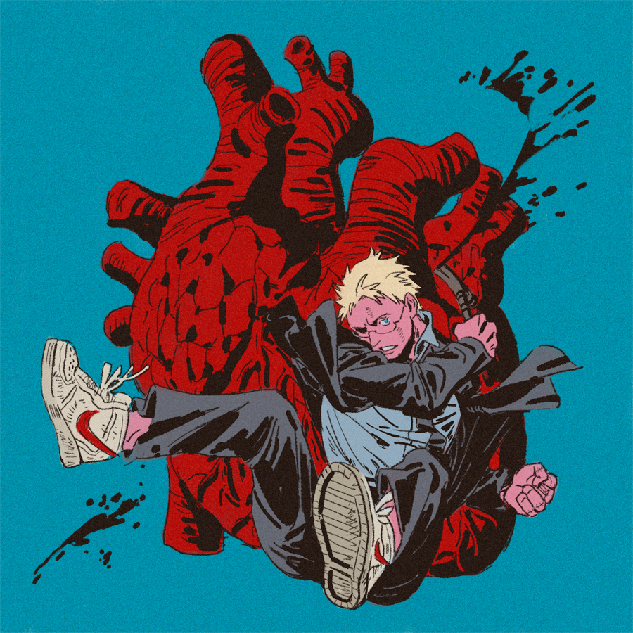 1boy amber389 black_jacket black_necktie black_pants blood blood_splatter blue_background blue_eyes blue_hair blue_shirt claw_hammer clenched_hands clenched_teeth collared_shirt dorohedoro full_body glasses hammer heart_(organ) holding holding_hammer jacket long_sleeves male_focus necktie pants shin_(dorohedoro) shirt shoes short_hair simple_background sneakers solo suit_jacket teeth wing_collar