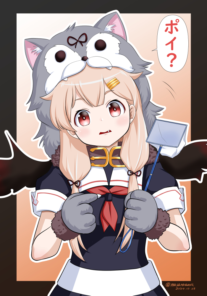 1girl animal_hands animal_hood black_scarf black_serafuku black_shirt blonde_hair fang gloves hair_flaps hair_ribbon halloween_costume head_tilt hood kantai_collection long_hair masara_(chuujou) neckerchief paw_gloves poi poi_(goldfish_scoop) pun red_eyes red_neckerchief ribbon sailor_collar sailor_shirt scarf school_uniform serafuku shirt solo tress_ribbon upper_body white_sailor_collar wolf_hood wolf_paws yuudachi_(halloween)_(kancolle) yuudachi_(kancolle) yuudachi_kai_ni_(kancolle)