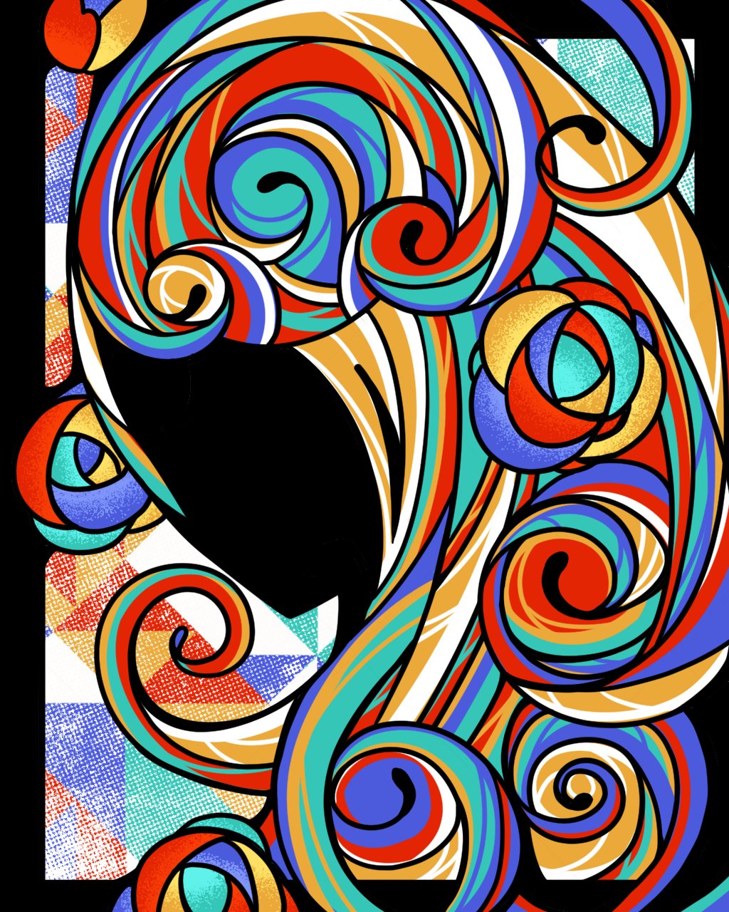 1girl black_border border colorful commentary_request faceless flower greek_commentary halftone halftone_background highres long_hair machigami_yoh multicolored_hair original outside_border portrait rose solo