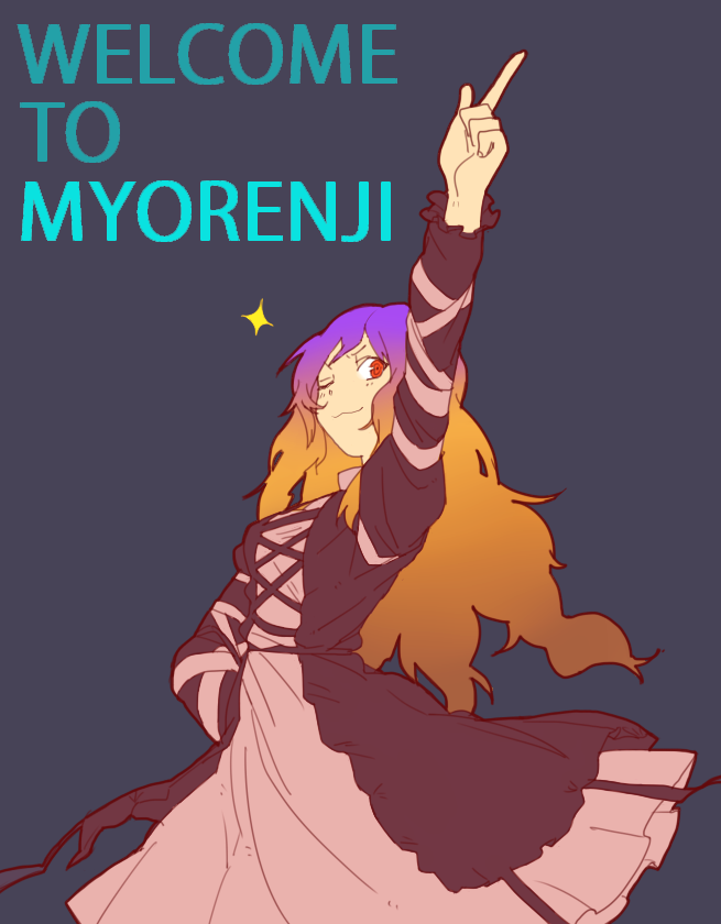 1girl :3 aharan breasts brown_hair dress female_focus gradient_hair hijiri_byakuren kamina_pose layered_dress long_hair long_sleeves looking_at_viewer multicolored_hair one_eye_closed outstretched_arm pointing pointing_up puffy_sleeves purple_hair red_eyes saturday_night_fever simple_background smile solo text_focus touhou wink
