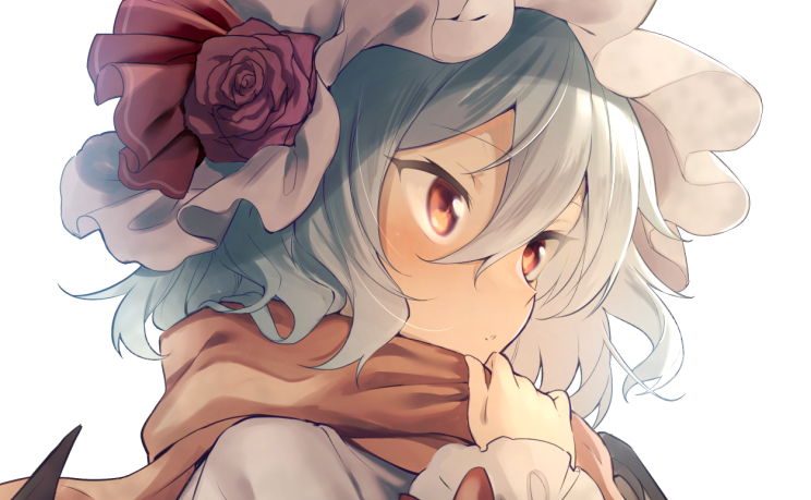 1girl bat_wings blue_hair female_focus flower frills hand_up hat hat_flower hat_ribbon long_sleeves mob_cap red_eyes red_flower red_ribbon red_rose red_scarf remilia_scarlet ribbon rose scarf short_hair simple_background solo touhou white_background wings yuki_(popopo)