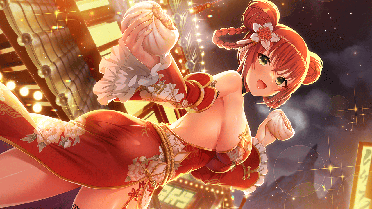 1girl :d aerial_fireworks akai_asaka architecture ass aurora backless_dress backless_outfit bare_shoulders blush braid breasts building chandelier china_dress chinese_clothes city_lights cityscape constellation deep_one_kyomu_to_mugen_no_fragment detached_sleeves diffraction_spikes double_bun dress dutch_angle fireworks food frilled_sleeves frills full_moon galaxy glint green_eyes hair_between_eyes hair_bun hair_rings holding large_breasts lens_flare light_particles looking_at_viewer milky_way moon natsuhiko night night_sky non-web_source open_mouth pelvic_curtain planet red_dress red_hair shooting_star side_slit sideboob sidelocks sky skyscraper smile solo space sparkle sparkle_background star_(sky) starry_sky starry_sky_print steamed_bun sun thighhighs thighs
